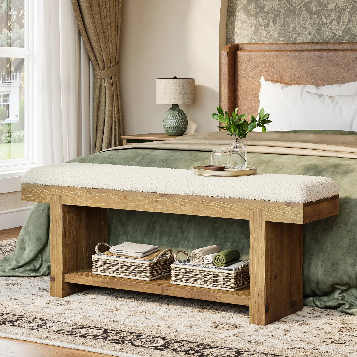 47.2" Solid Wood Farmhouse Bench, Upholstered Storage for Entryway