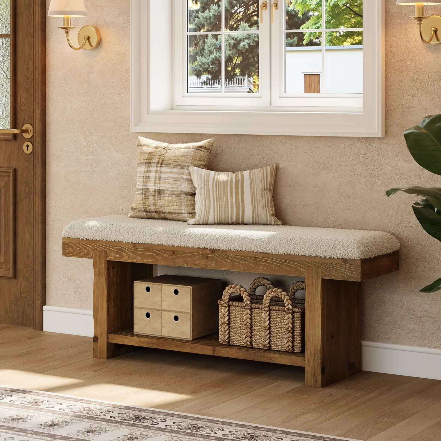 47.2" Solid Wood Farmhouse Bench, Upholstered Storage for Entryway