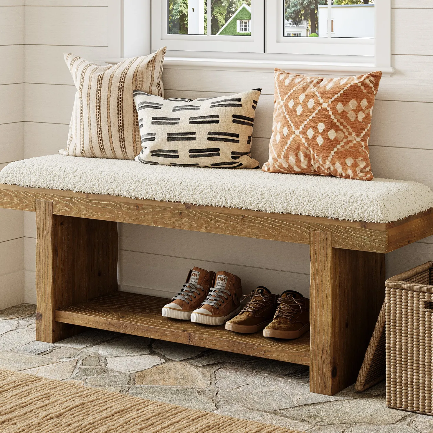 47.2" Solid Wood Farmhouse Bench, Upholstered Storage for Entryway