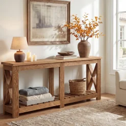 71" Solid Wood Farmhouse Console Table with Storage Shelves, Extra Long Sofa Table for Entryway & Hallway