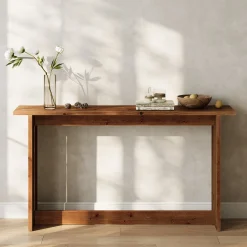 63“ Solid Wood Farmhouse Console Table with Bottom Shelf, Entryway Sofa Table for Hallway or Behind Couch