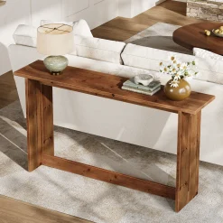 63“ Solid Wood Farmhouse Console Table with Bottom Shelf, Entryway Sofa Table for Hallway or Behind Couch