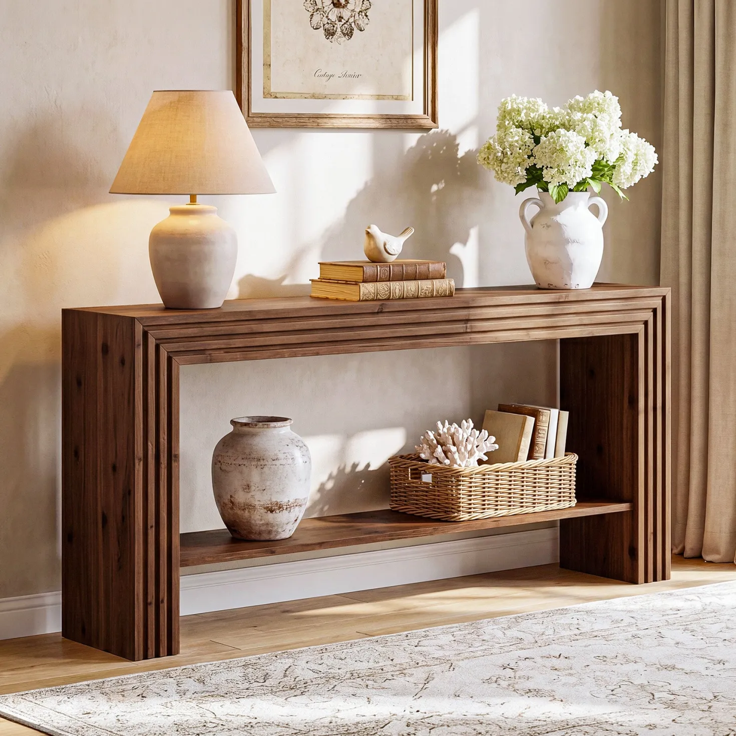 63" Solid Wood Farmhouse Console Table, Entryway & Sofa Table with Storage Shelf