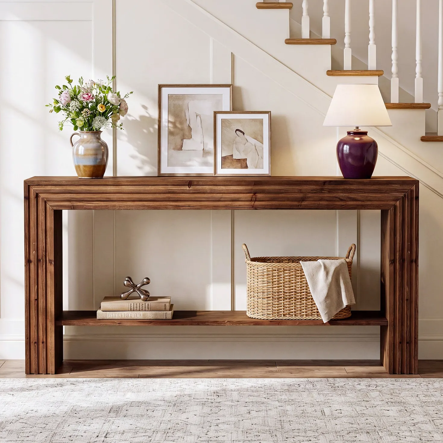 63" Solid Wood Farmhouse Console Table, Entryway & Sofa Table with Storage Shelf