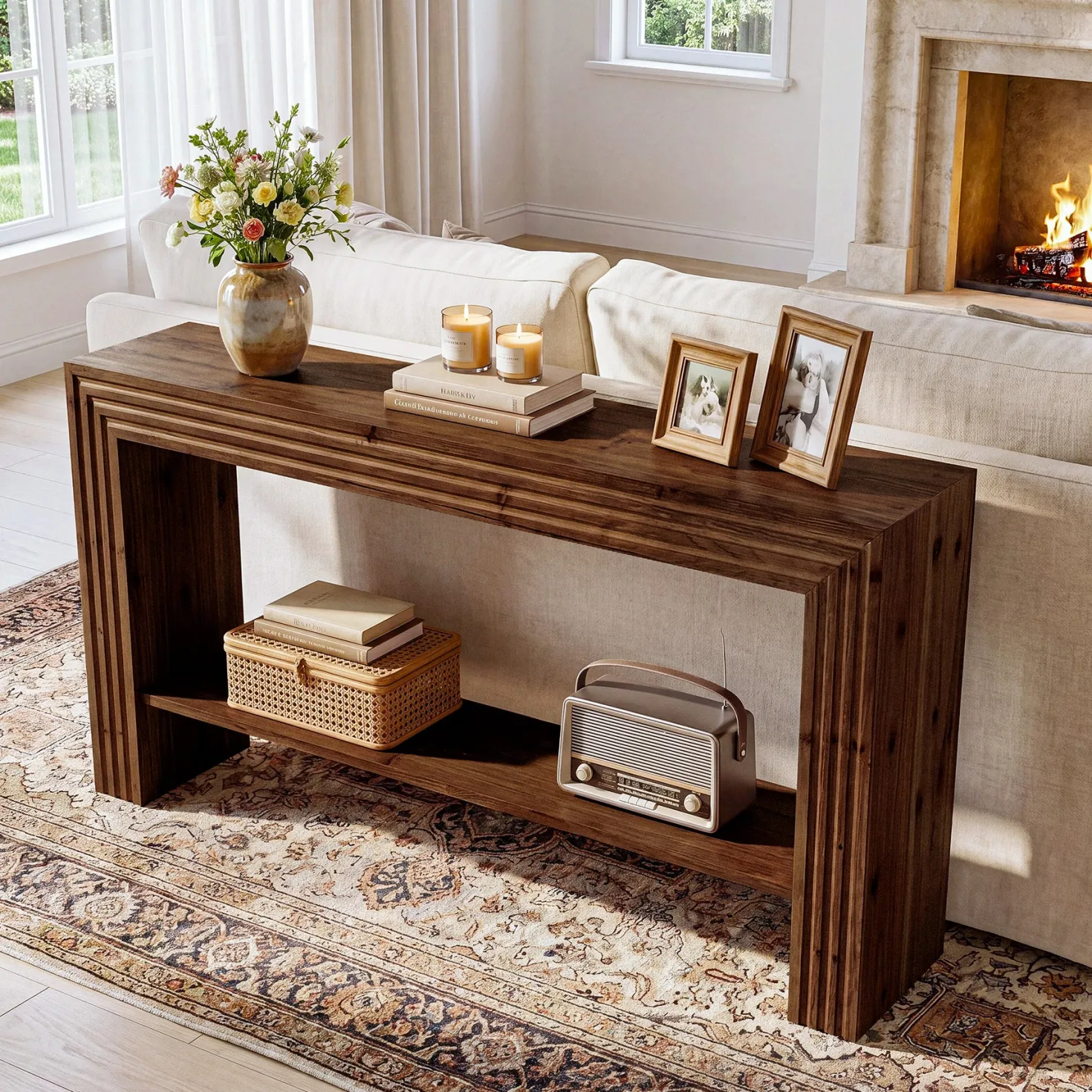 63" Solid Wood Farmhouse Console Table, Entryway & Sofa Table with Storage Shelf