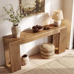 63" Solid Wood Farmhouse Console Table, Narrow Entryway Sofa Table with Fluted Legs