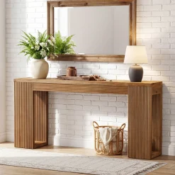 63" Solid Wood Farmhouse Console Table, Narrow Entryway Sofa Table with Fluted Legs