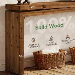 63" Solid Wood Farmhouse Console Table with 2-Tier Shelf, Long Sofa Table for Entryway, Living Room, or Behind Couch
