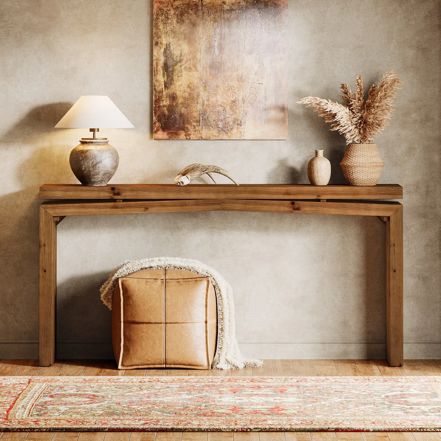 63" Solid Wood Farmhouse Console Table with 2-Tier Shelf, Long Sofa Table for Entryway, Living Room, or Behind Couch