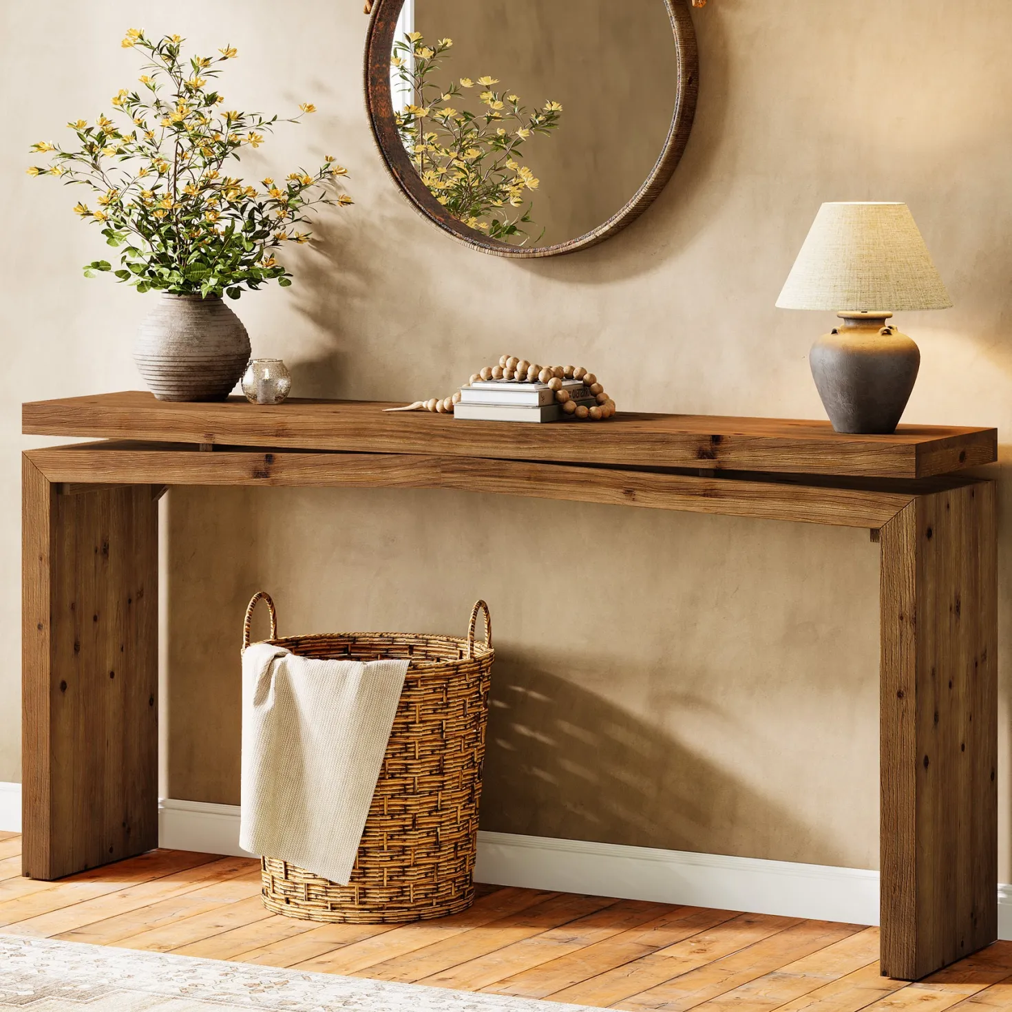 63" Solid Wood Farmhouse Console Table with 2-Tier Shelf, Long Sofa Table for Entryway, Living Room, or Behind Couch