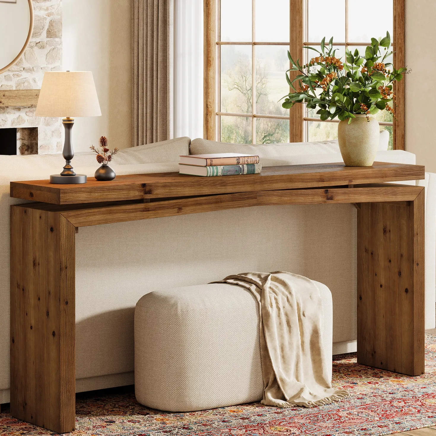 63" Solid Wood Farmhouse Console Table with 2-Tier Shelf, Long Sofa Table for Entryway, Living Room, or Behind Couch