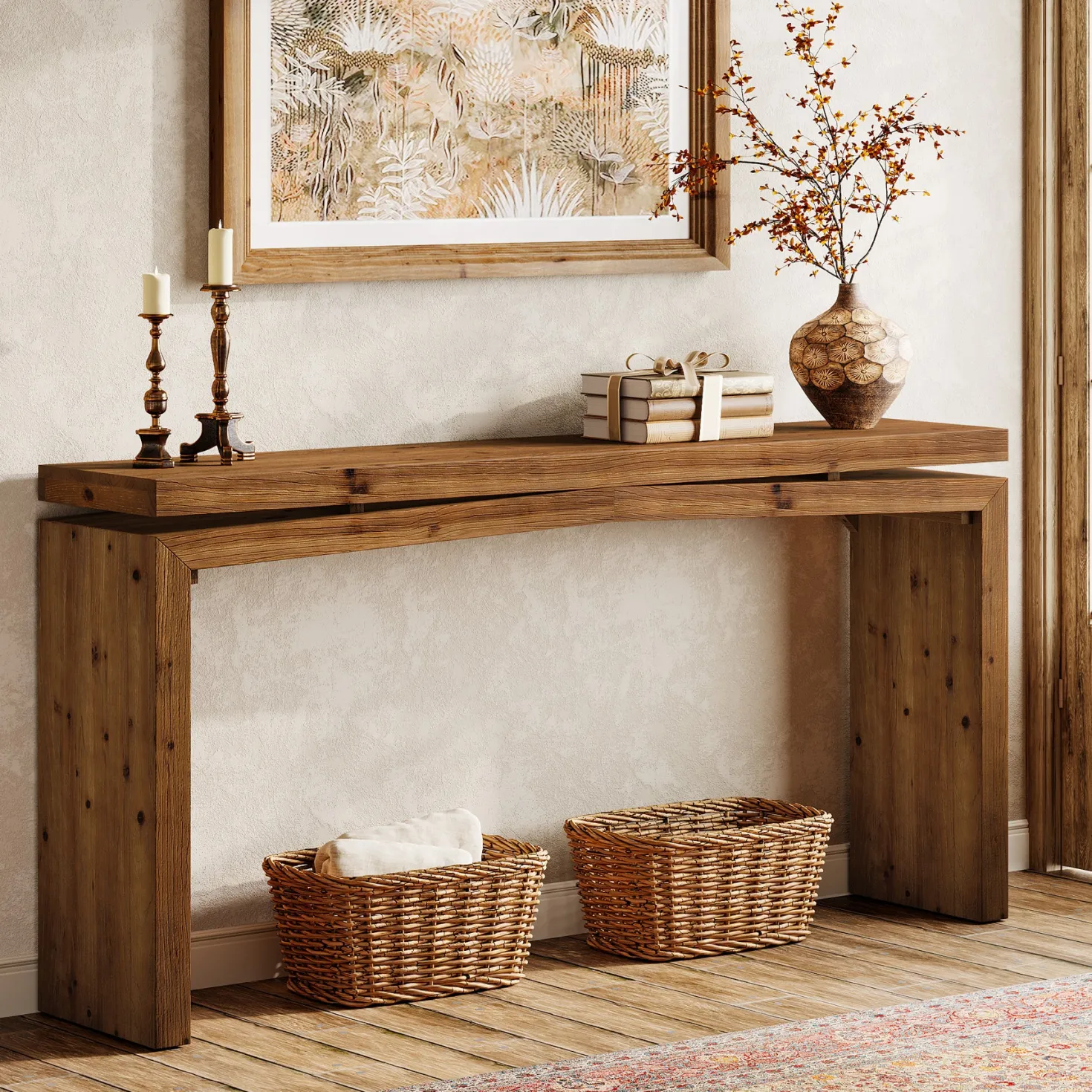 63" Solid Wood Farmhouse Console Table with 2-Tier Shelf, Long Sofa Table for Entryway, Living Room, or Behind Couch