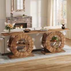 41" Solid Wood Farmhouse Console Table with 3-Tier Shelves, Narrow Sofa Table with Carved Circular Base