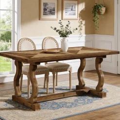 63" Solid Wood Farmhouse Dining Table for 4–6, Rectangular Kitchen Table with Parquetry Top & Scroll Legs