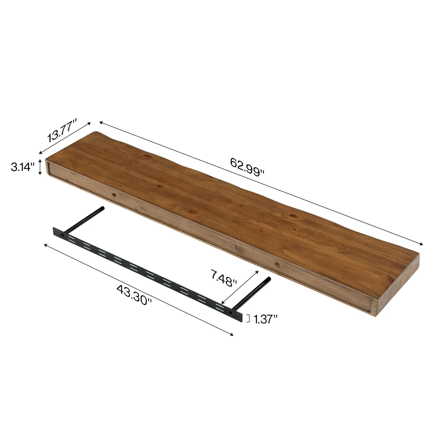 63" Solid Wood Floating Mantel Shelf with Live Edge, Rustic Fireplace Mantel & Wall Shelf for Living Room
