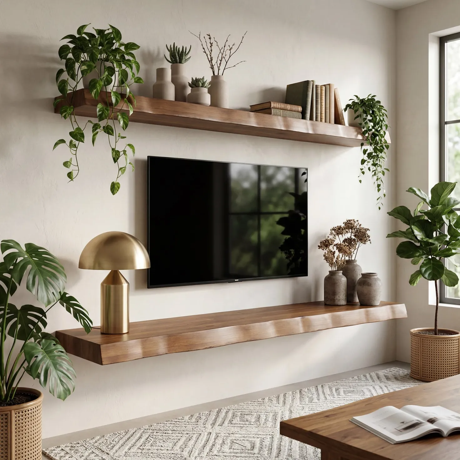 63" Solid Wood Floating Mantel Shelf with Live Edge, Rustic Fireplace Mantel & Wall Shelf for Living Room