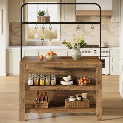 47" Solid Wood Kitchen Island Table with Storage and 5 Hooks