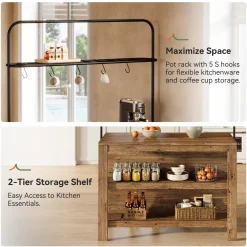 47" Solid Wood Kitchen Island Table with Storage and 5 Hooks