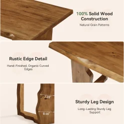 63" Solid Wood Live Edge Dining Table for 6, Rustic Modern Kitchen & Dining Room Table with Sculptural Legs