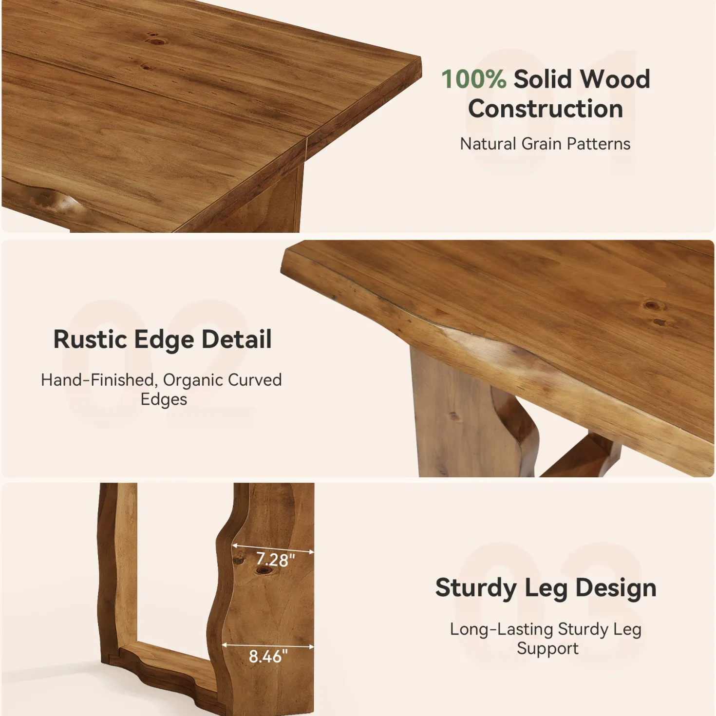 63" Solid Wood Live Edge Dining Table for 6, Rustic Modern Kitchen & Dining Room Table with Sculptural Legs