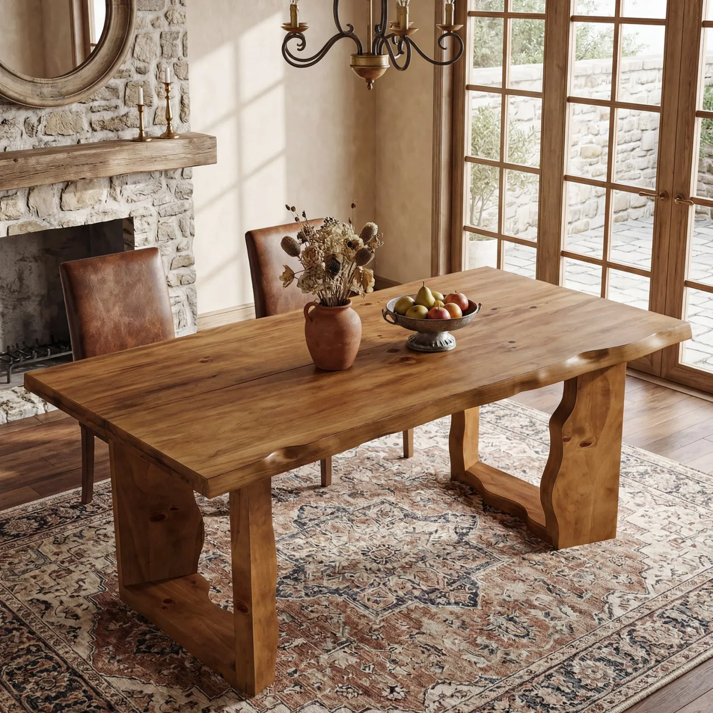 63" Solid Wood Live Edge Dining Table for 6, Rustic Modern Kitchen & Dining Room Table with Sculptural Legs