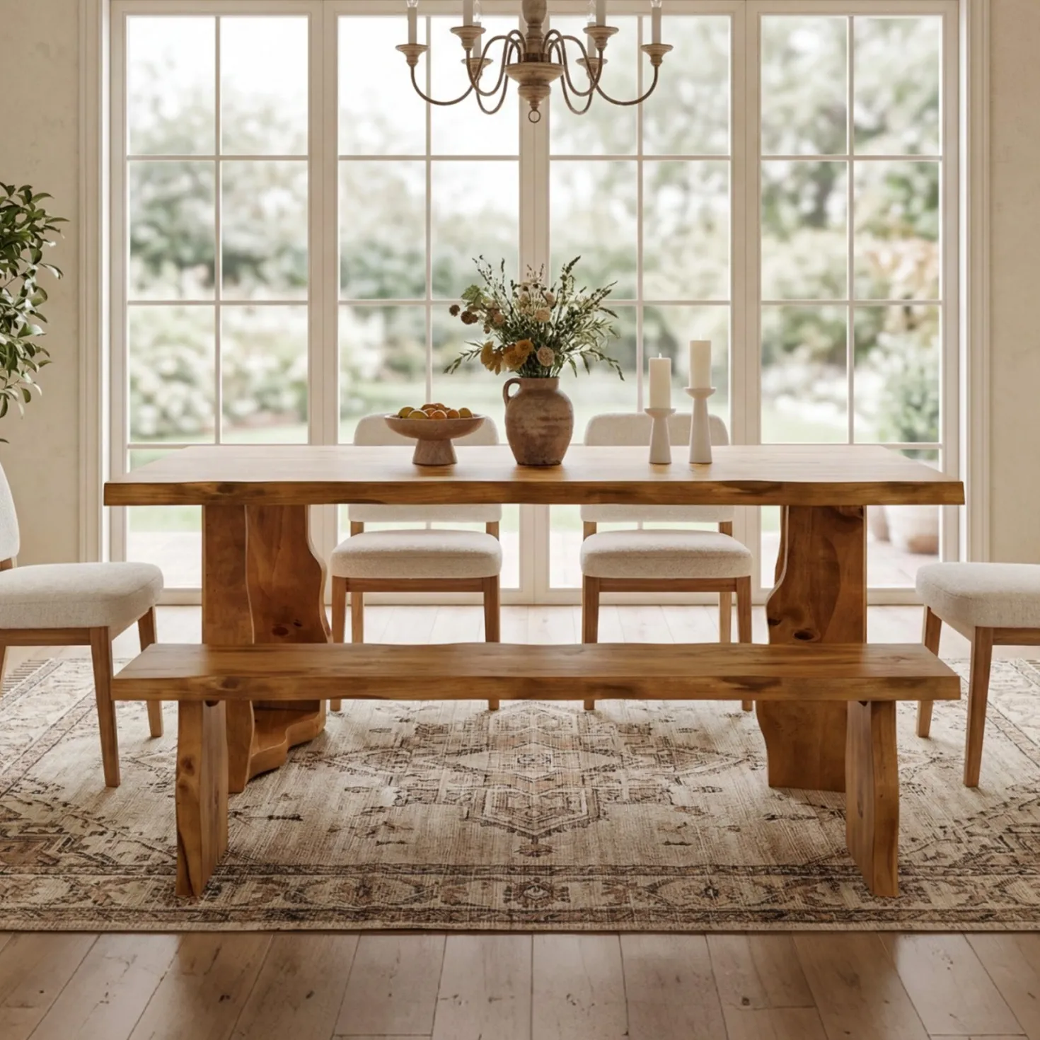 63" Solid Wood Live Edge Dining Table for 6, Rustic Modern Kitchen & Dining Room Table with Sculptural Legs