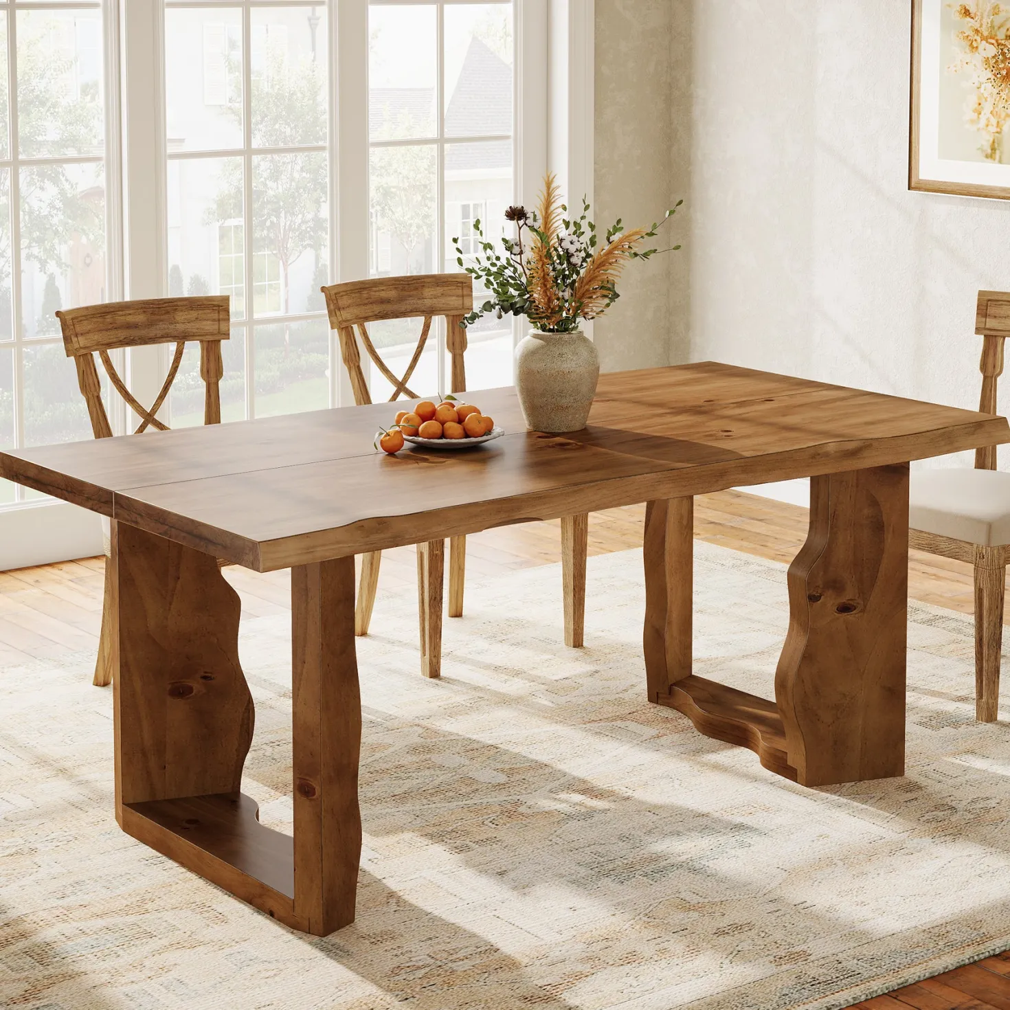 63" Solid Wood Live Edge Dining Table for 6, Rustic Modern Kitchen & Dining Room Table with Sculptural Legs