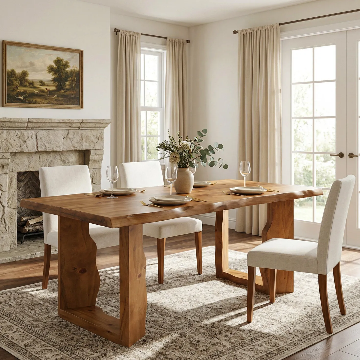 63" Solid Wood Live Edge Dining Table for 6, Rustic Modern Kitchen & Dining Room Table with Sculptural Legs