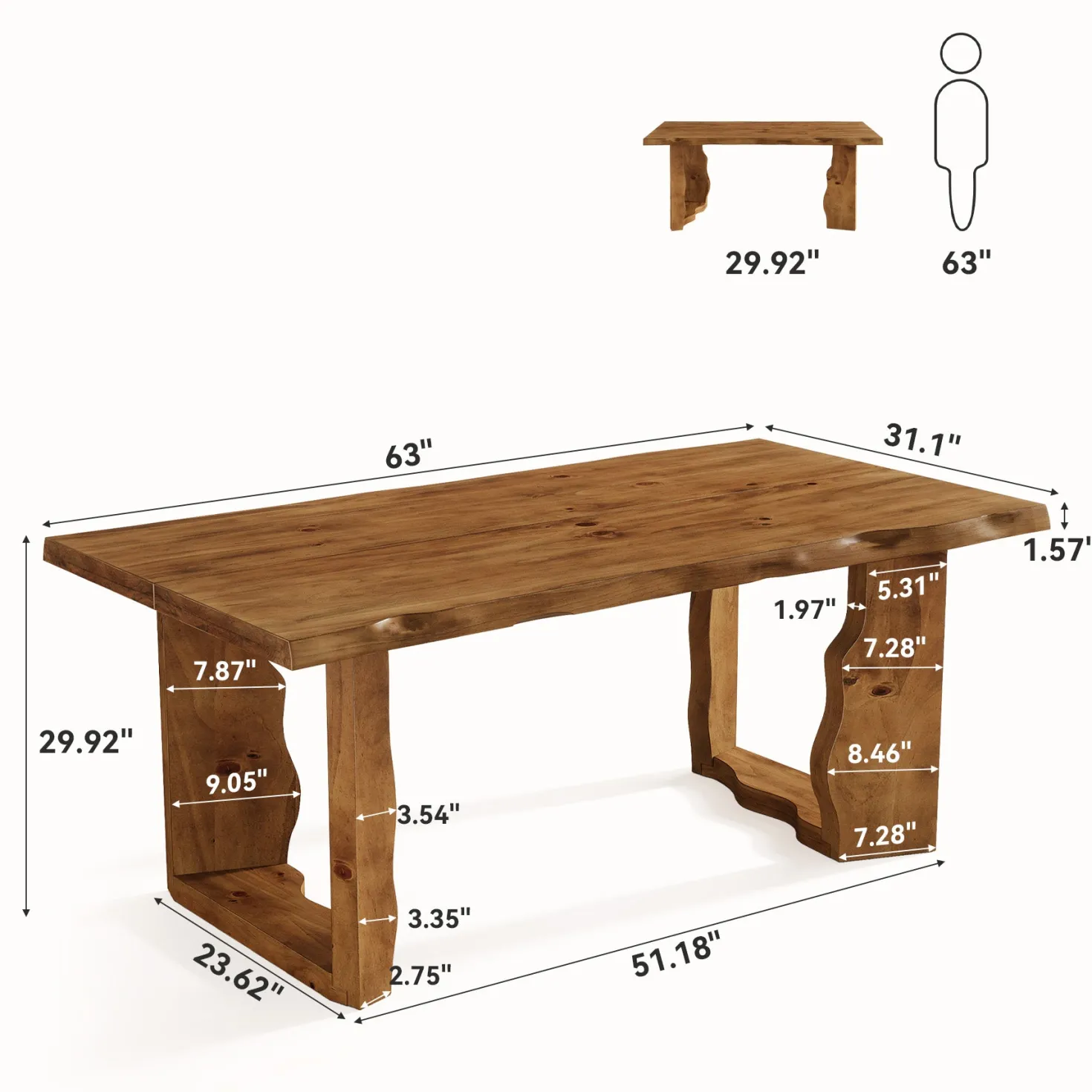 63" Solid Wood Live Edge Dining Table for 6, Rustic Modern Kitchen & Dining Room Table with Sculptural Legs
