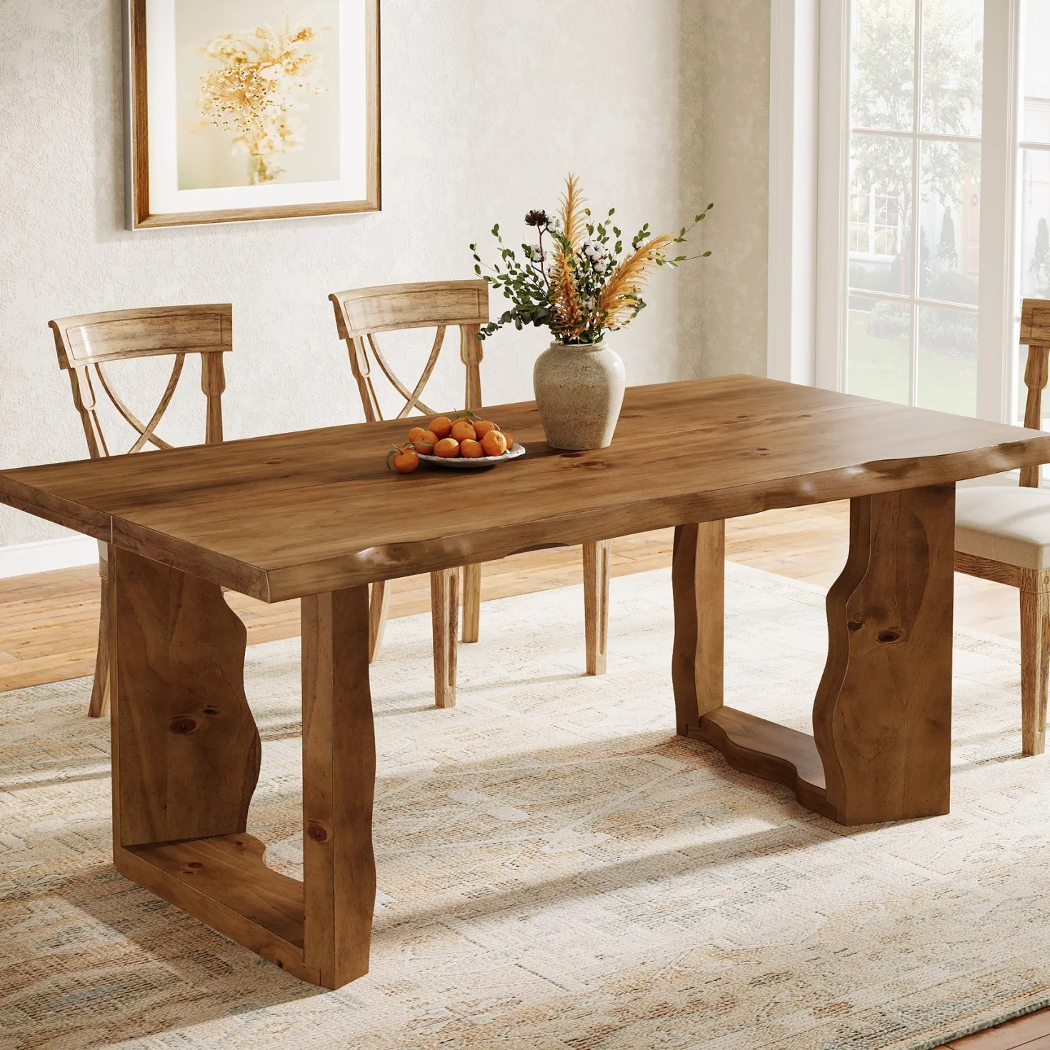 63" Solid Wood Live Edge Dining Table for 6, Rustic Modern Kitchen & Dining Room Table with Sculptural Legs