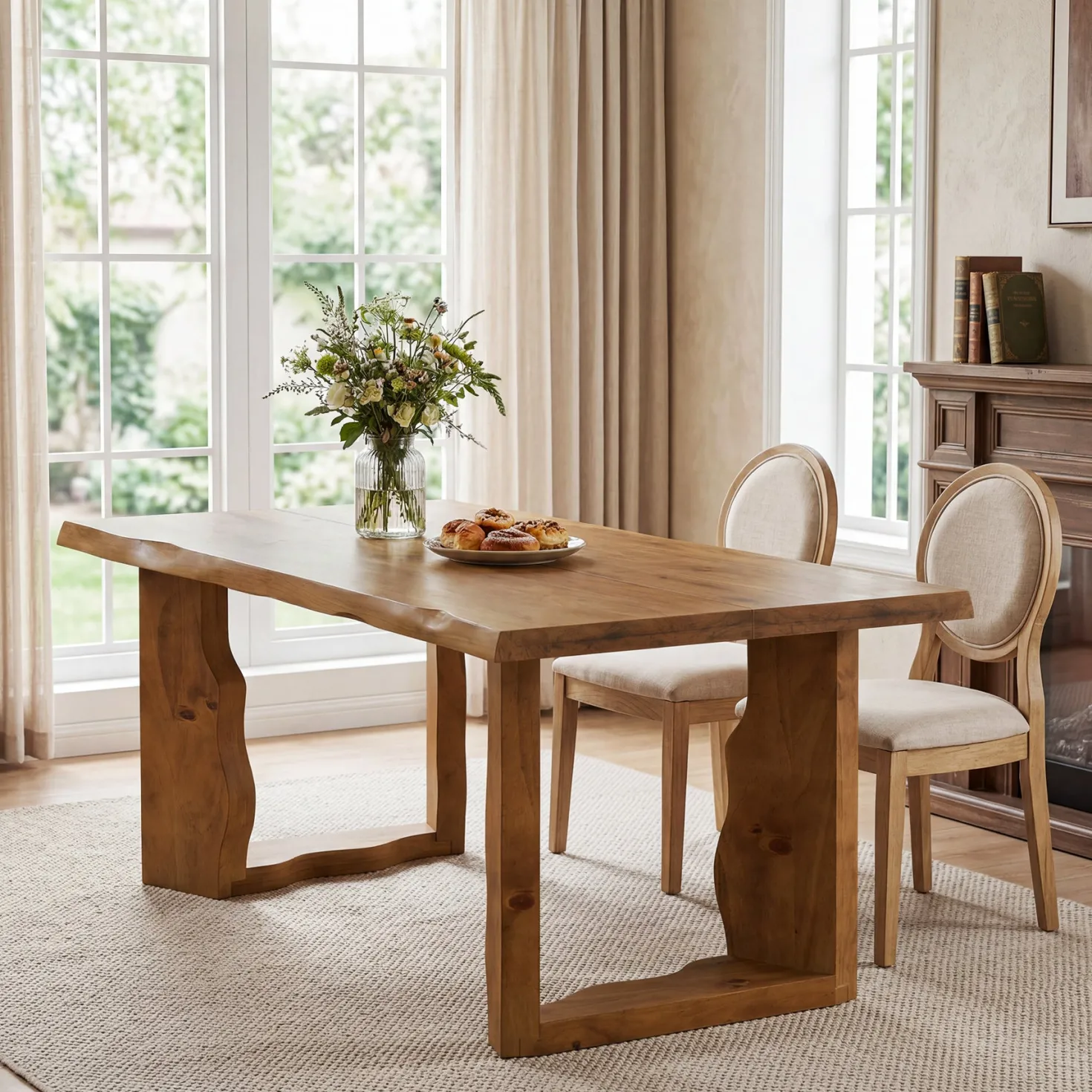 63" Solid Wood Live Edge Dining Table for 6, Rustic Modern Kitchen & Dining Room Table with Sculptural Legs