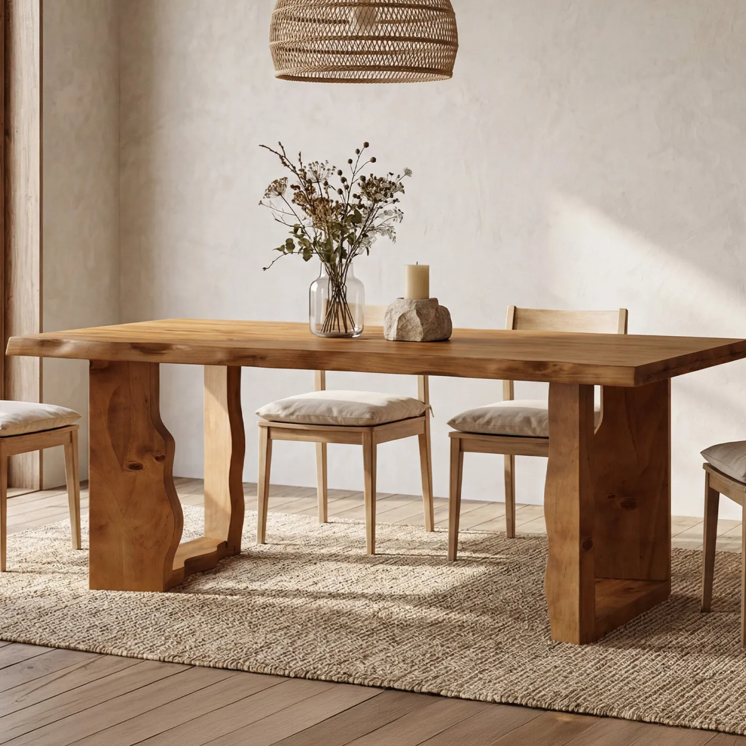 63" Solid Wood Live Edge Dining Table for 6, Rustic Modern Kitchen & Dining Room Table with Sculptural Legs