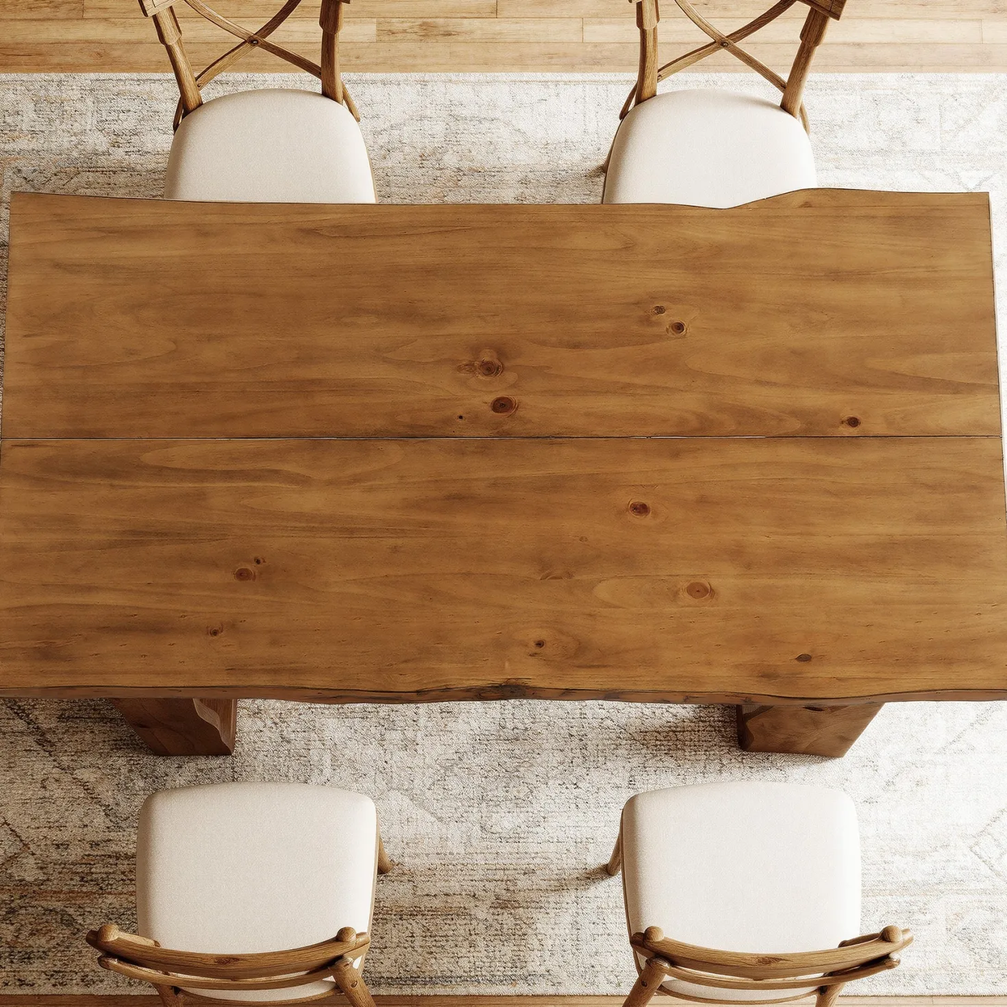 63" Solid Wood Live Edge Dining Table for 6, Rustic Modern Kitchen & Dining Room Table with Sculptural Legs
