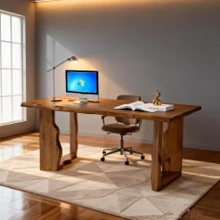 63" Solid Wood Live Edge Executive Desk, Rustic Farmhouse Computer Desk for Home Office or Studio Workspace