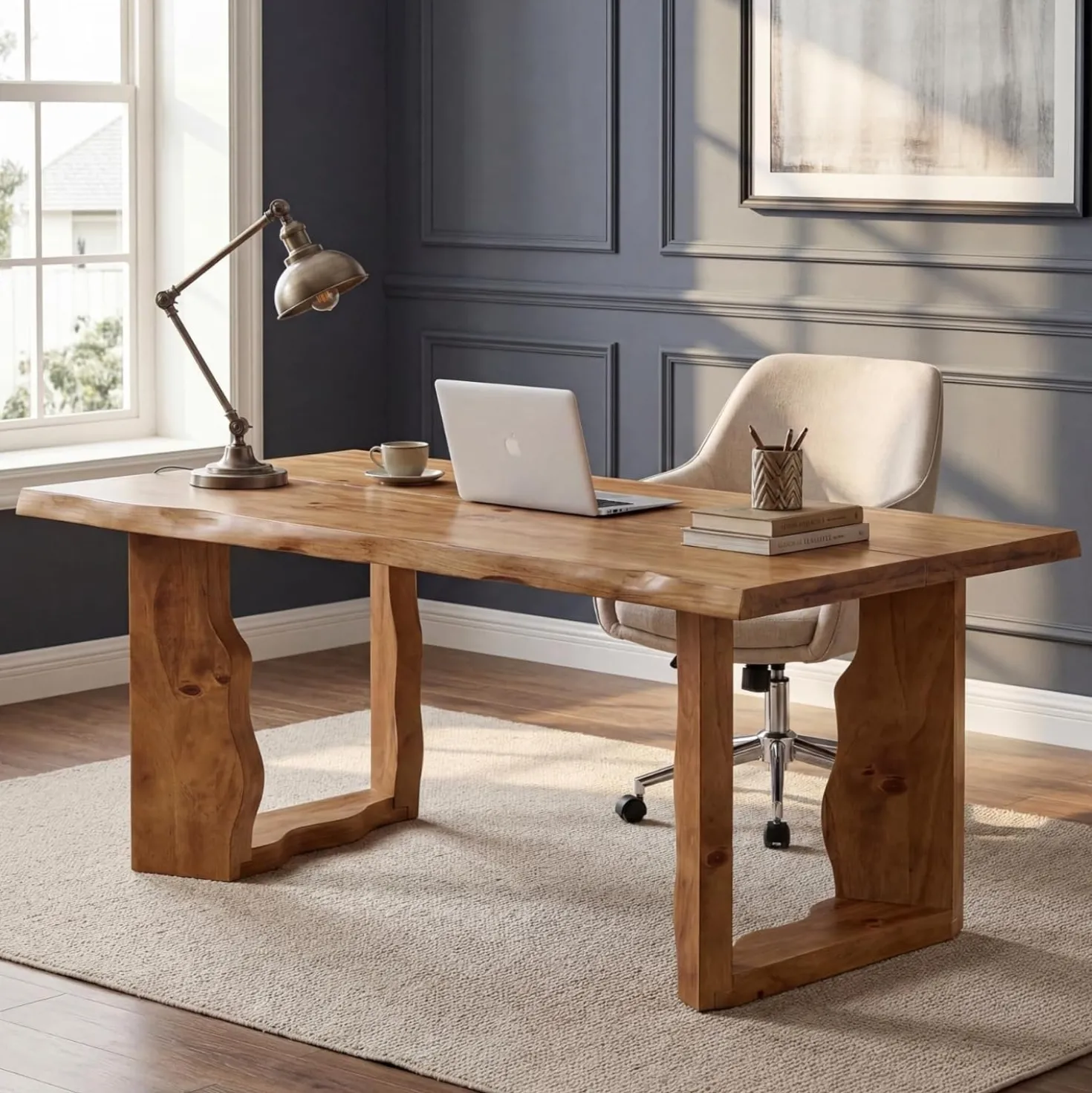 63" Solid Wood Live Edge Executive Desk, Rustic Farmhouse Computer Desk for Home Office or Studio Workspace