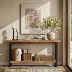 63" Solid Wood Live-Edge Console Table with Metal Legs – Narrow Farmhouse Sofa Table