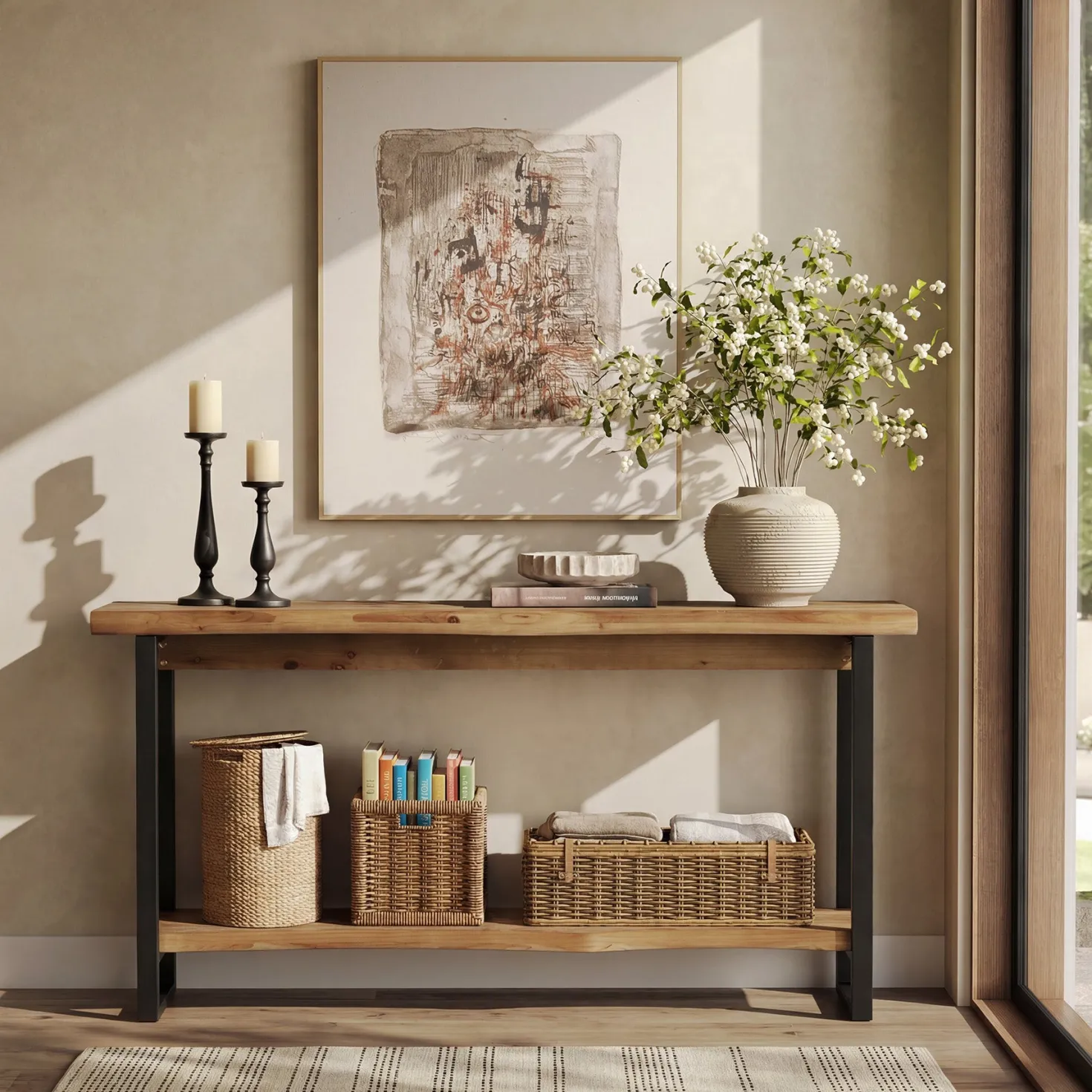63" Solid Wood Live-Edge Console Table with Metal Legs – Narrow Farmhouse Sofa Table