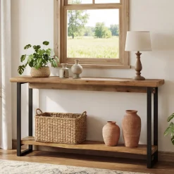 63" Solid Wood Live-Edge Console Table with Metal Legs – Narrow Farmhouse Sofa Table