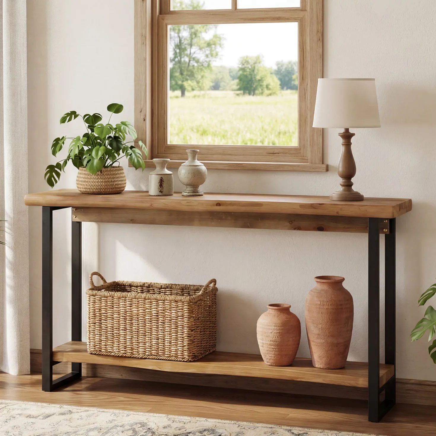 63" Solid Wood Live-Edge Console Table with Metal Legs – Narrow Farmhouse Sofa Table