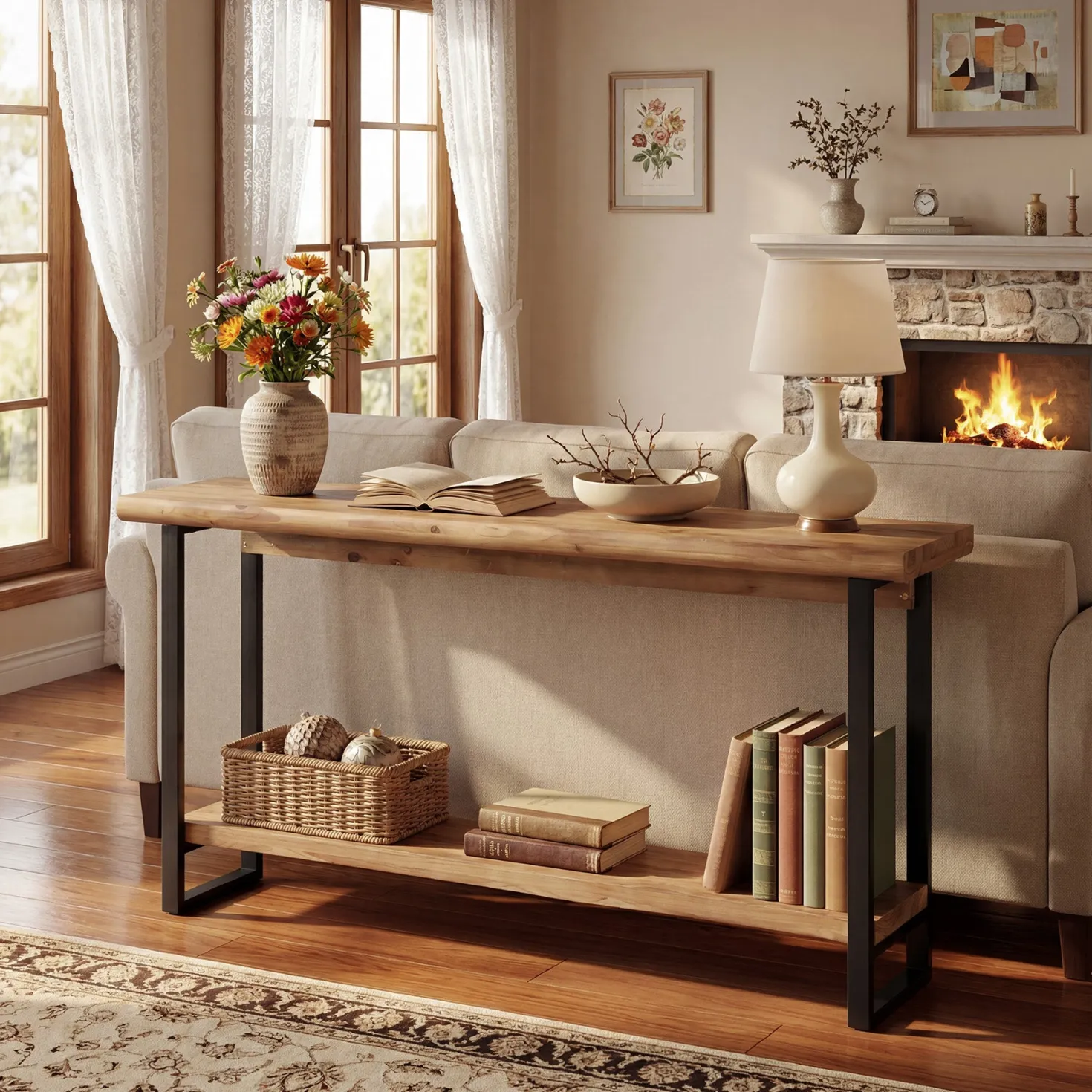63" Solid Wood Live-Edge Console Table with Metal Legs – Narrow Farmhouse Sofa Table