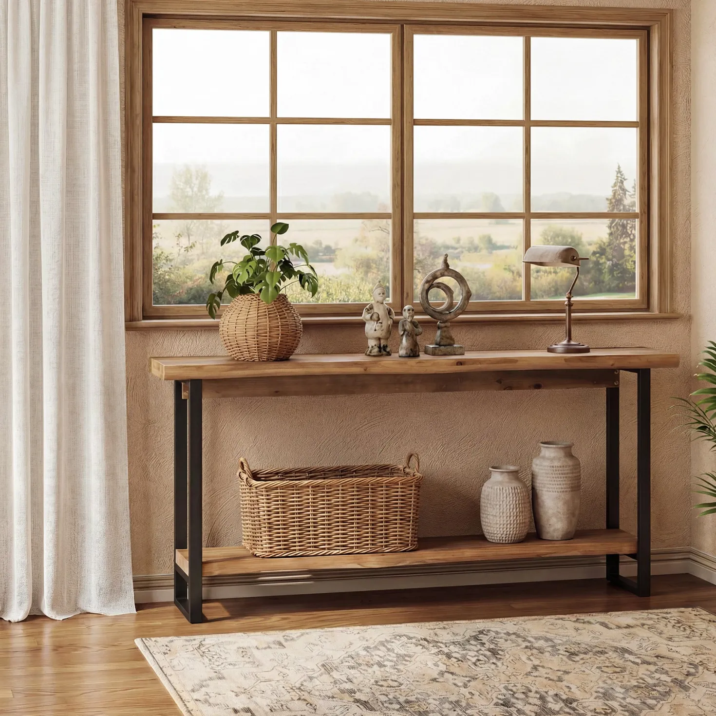 63" Solid Wood Live-Edge Console Table with Metal Legs – Narrow Farmhouse Sofa Table