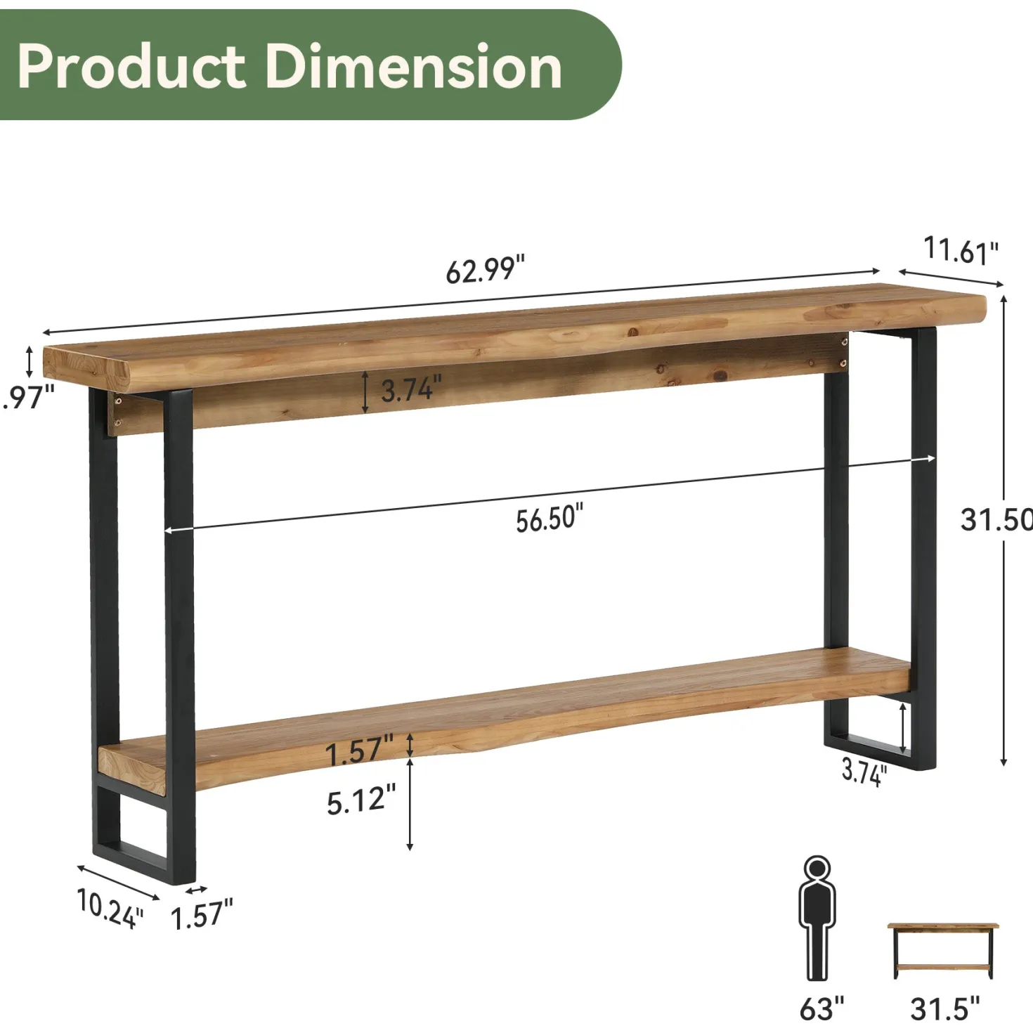 63" Solid Wood Live-Edge Console Table with Metal Legs – Narrow Farmhouse Sofa Table