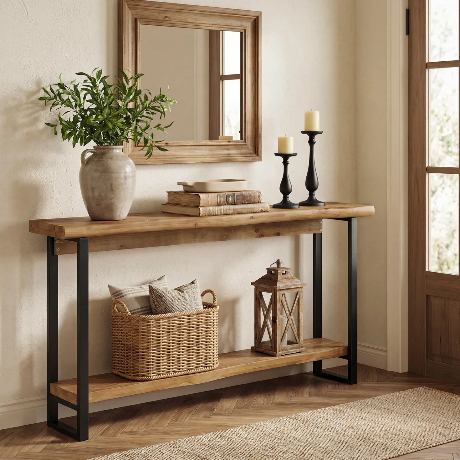 63" Solid Wood Live-Edge Console Table with Metal Legs – Narrow Farmhouse Sofa Table