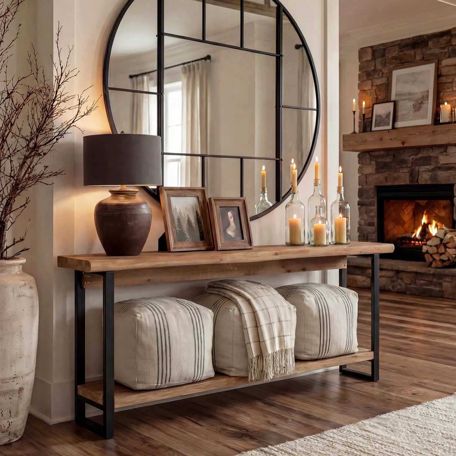 63" Solid Wood Live-Edge Console Table with Metal Legs – Narrow Farmhouse Sofa Table