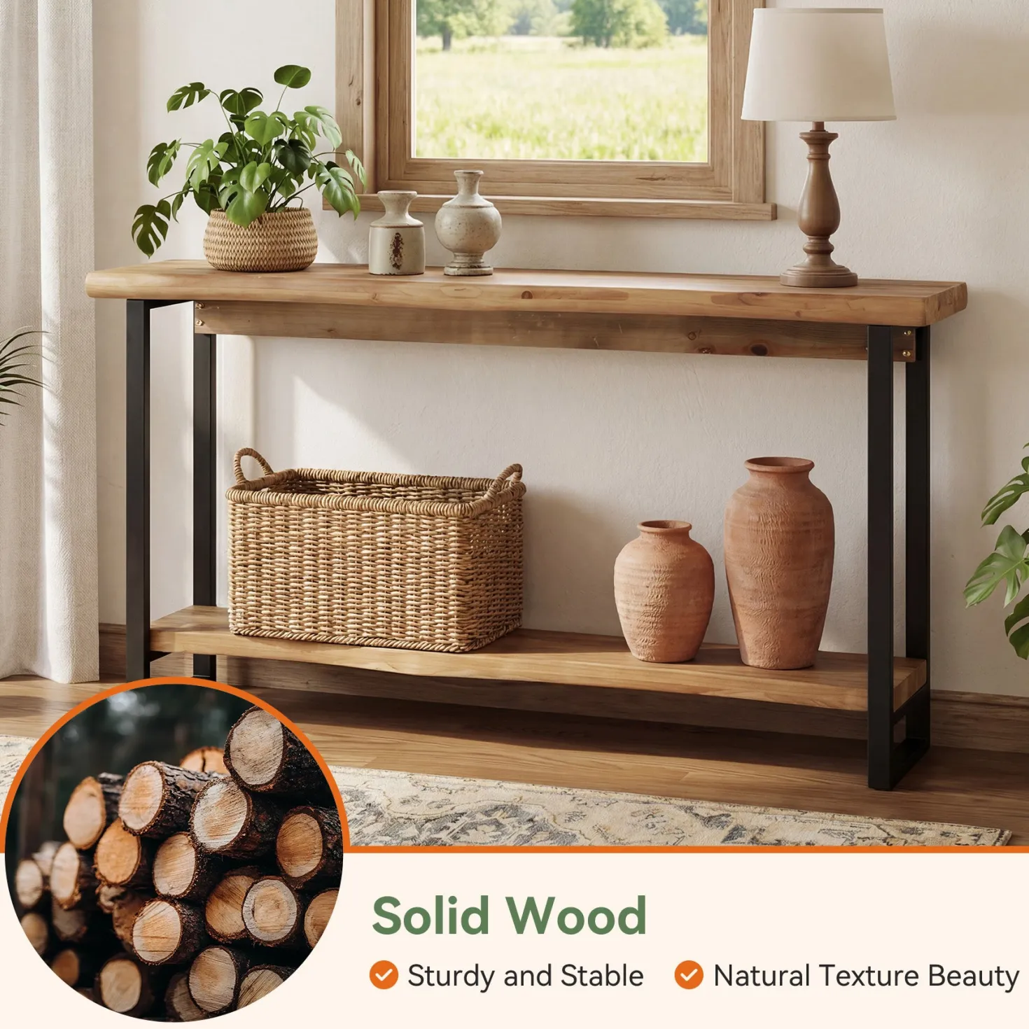 63" Solid Wood Live-Edge Console Table with Metal Legs – Narrow Farmhouse Sofa Table