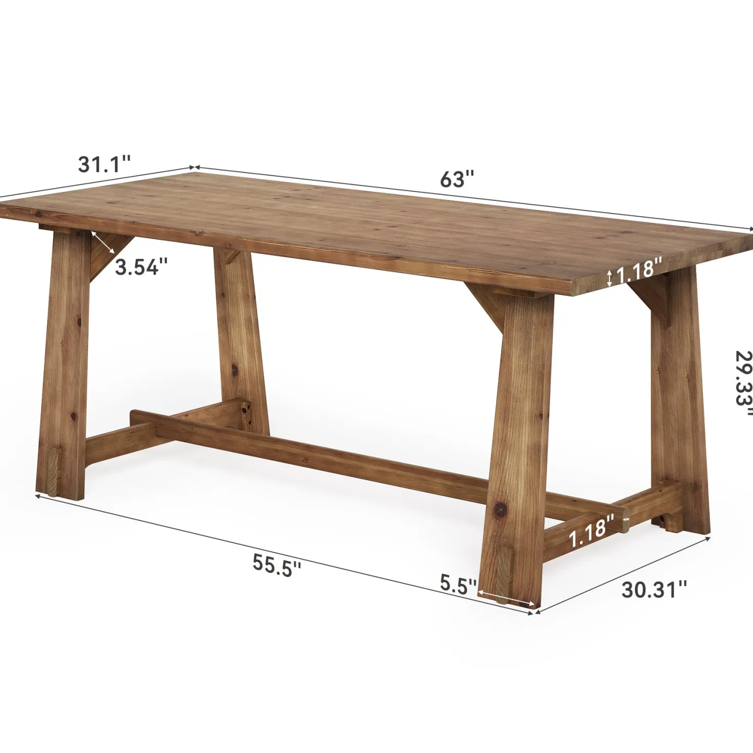 63" Solid Wood Office Desk, Farmhouse Executive Computer Desk with Large Work Surface
