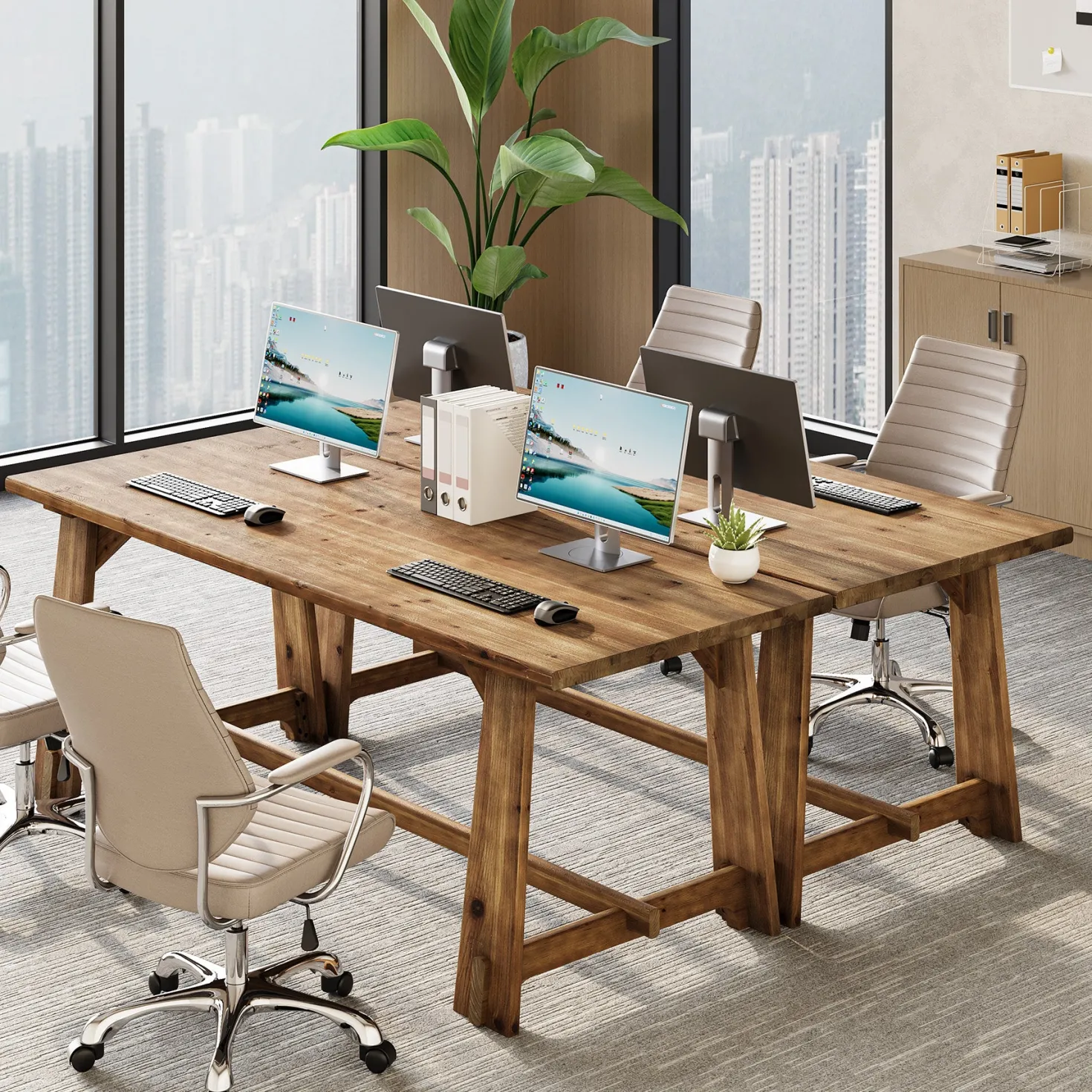 63" Solid Wood Office Desk, Farmhouse Executive Computer Desk with Large Work Surface