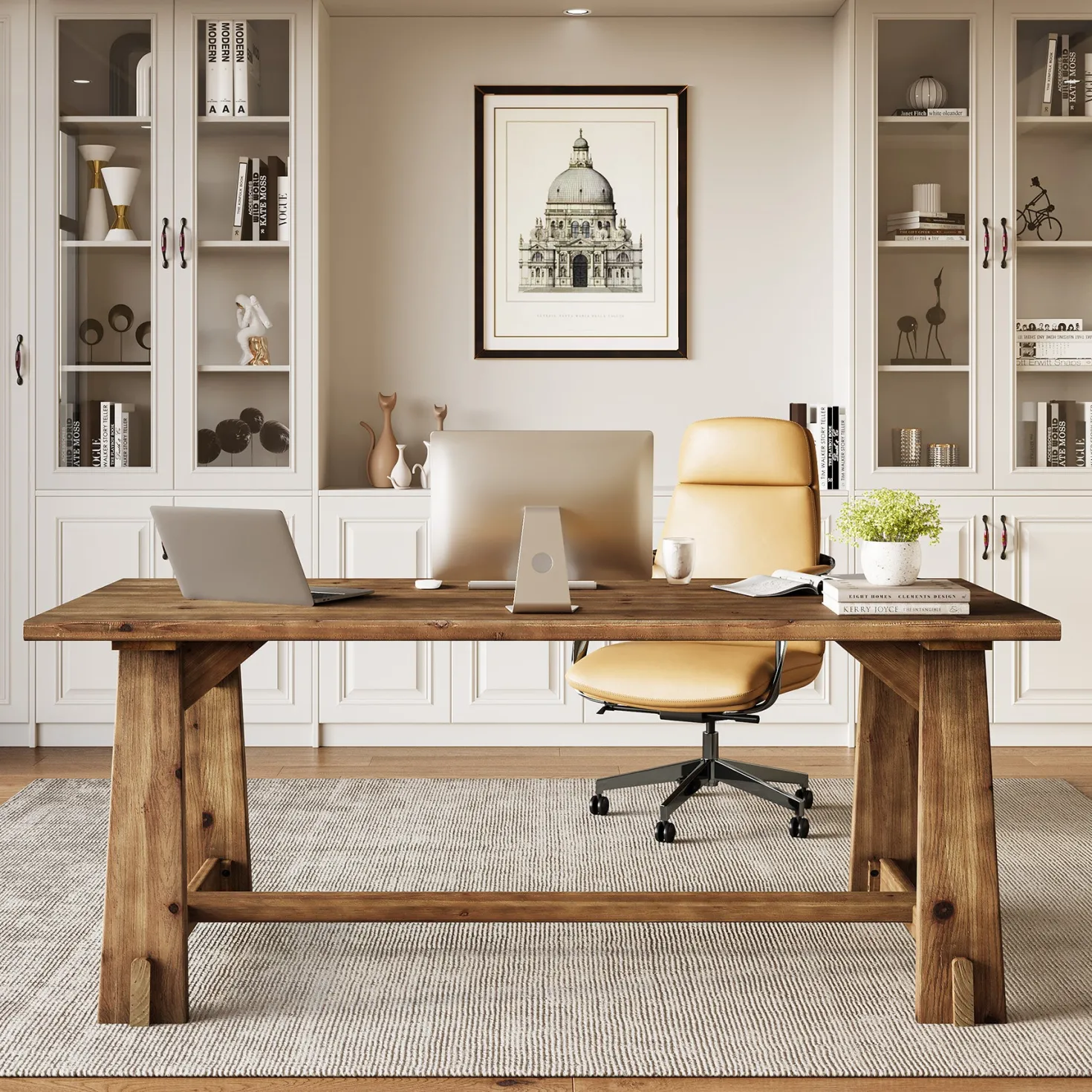 63" Solid Wood Office Desk, Farmhouse Executive Computer Desk with Large Work Surface