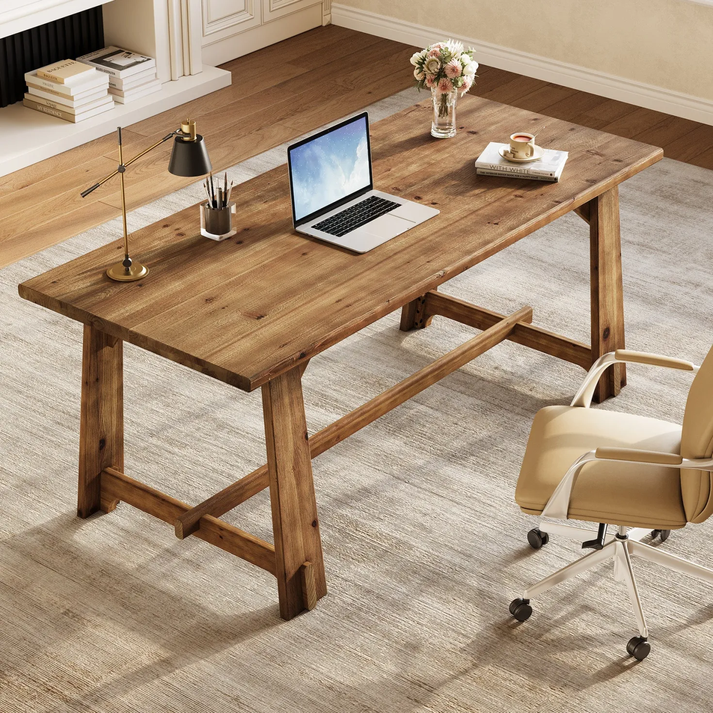63" Solid Wood Office Desk, Farmhouse Executive Computer Desk with Large Work Surface