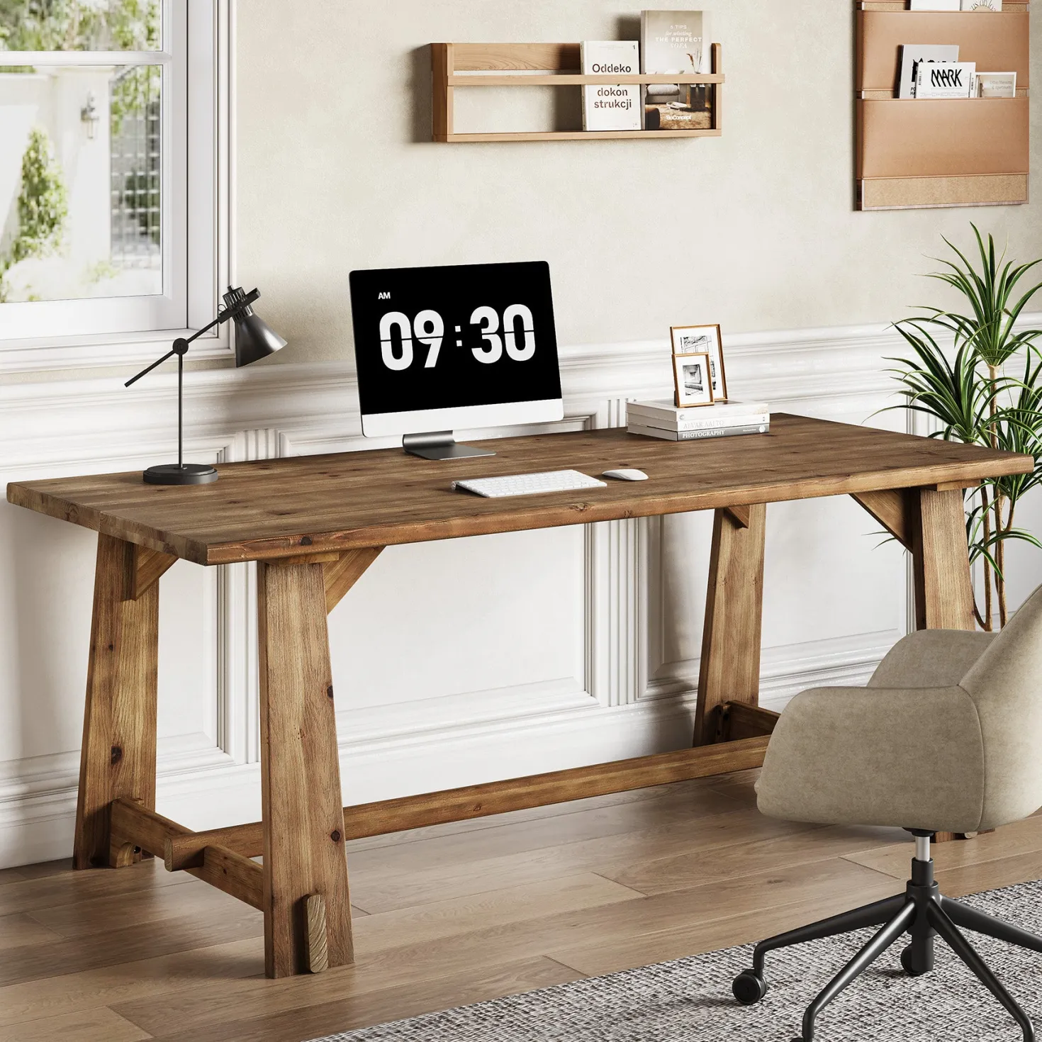 63" Solid Wood Office Desk, Farmhouse Executive Computer Desk with Large Work Surface
